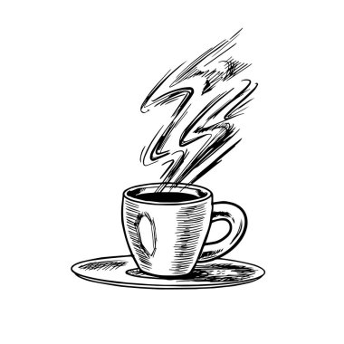 Vintage tarzda bir fincan kahve. Bardakta espresso. El çizilmiş oyulmuş retro kroki. Logo veya etiket için şablon.