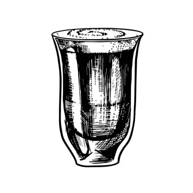 Vintage tarzda bir fincan kahve. Macchiato bardakta. El çizilmiş oyulmuş retro kroki. Logo veya etiket için şablon.