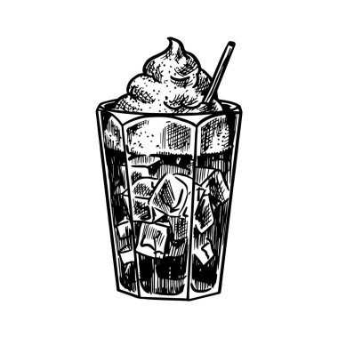 Vintage tarzda bir fincan kahve. Frappe bardakta. El çizilmiş oyulmuş retro kroki. Logo veya etiket için şablon.