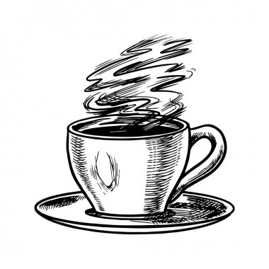 Vintage tarzda bir fincan kahve. Bardakta kapuçino. El çizilmiş oyulmuş retro kroki. Logo veya etiket için şablon.