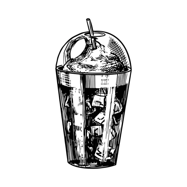 Φλιτζάνι καφέ σε vintage στυλ. Παγωμένο καφέ σε ποτήρι. Χαραγμένο χειροποίητα ρετρό σκίτσο. Πρότυπο για λογότυπο ή ετικέτα. — Διανυσματικό Αρχείο