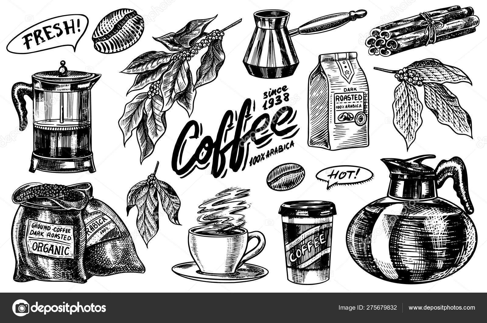 Vintage coffee maker collection hand draw black Vector Image