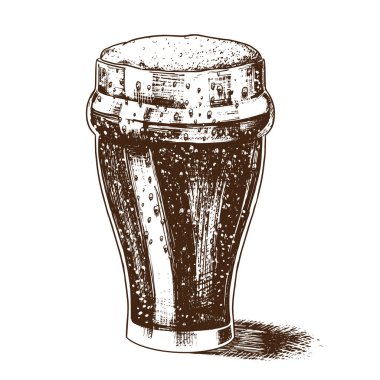 Köpüklü bir bardak bira. Vintage retro tarzında Bavyera Alkollü İçecek. Bir bar menüsü için elle çizilmiş çizim, tişört veya etiketlerüzerindeki çizgiler.