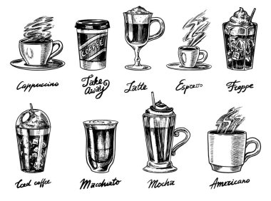 Vintage tarzda kahve seti. Cappuccino ve Glace, espresso ve latte, mocha ve Americano, bir bardak frappe götürün. El çizilmiş oyulmuş retro kroki.
