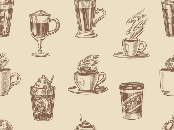 Kopjes koffie achtergrond in vintage stijl. Naadloos patroon. Neem cappuccino en Glace, espresso en Latte, mokka en Americano, frappe in een glas weg. Hand getekende gegraveerde retro schets. — Stockvector