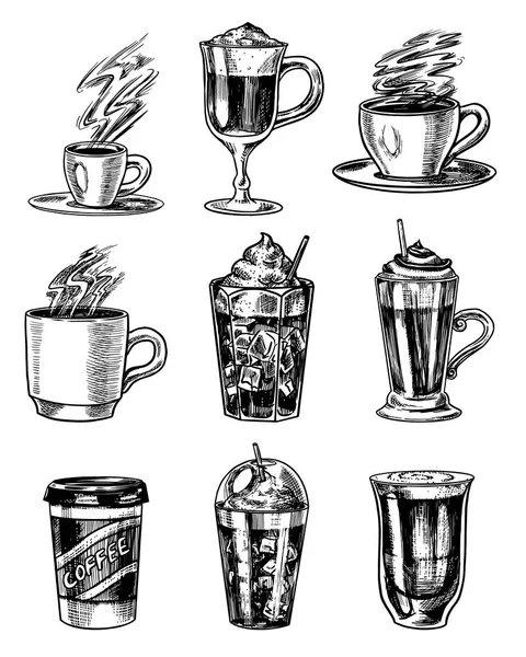 Conjunto de xícaras de café em estilo vintage. Leve Cappuccino e Glace, café expresso e latte, mocha e Americano, frappe em um copo. Desenho retrô gravado à mão . — Vetor de Stock