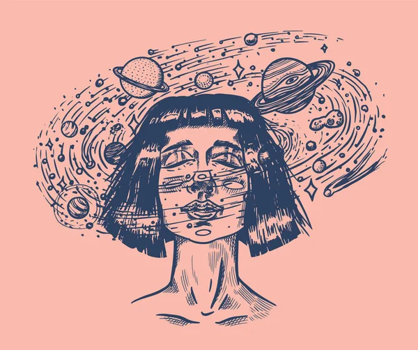 Mujer joven con planetas. Doble exposición Futura chica astrónoma y estrellas en el espacio. Concepto de ciencia ficción. Dibujo retro vintage grabado a mano para tatuaje, camiseta o logotipo . — Archivo Imágenes Vectoriales