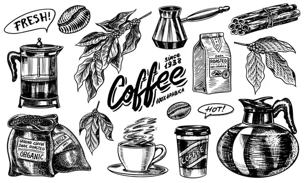 Kaffee im Vintage-Stil. eine Tüte Getreide, Kakaoblätter, Zimtstangen, eine Tasse und eine Teekanne, eine Kaffeemaschine und eine Tüte Milch, kalligrafische Inschrift. Handgezeichnete gravierte Retro-Skizze für Etiketten. — Stockvektor