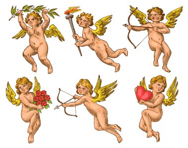 Oklar ve yay ile sevimli melekler. Kanatlarla küçük estetik Cupids gökyüzünde kalpler ve çiçekler ile sinek. Monokrom kazınmış tarzda çocuklar ayarlayın. El çizilmiş Vintage kroki.