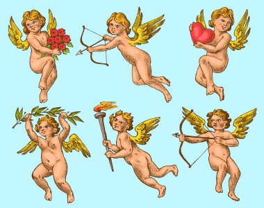 Oklar ve yay ile sevimli melekler. Kanatlarla küçük estetik Cupids gökyüzünde kalpler ve çiçekler ile sinek. Monokrom kazınmış tarzda çocuklar ayarlayın. El çizilmiş Vintage kroki.