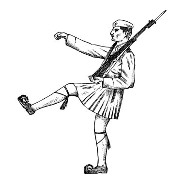 Silahlarla ve şekilli askeri adımlar. Etekli bir adam Yunan. Yunanistan ve kültürel özellikler. Vintage tarzda el çizilmiş oyma kroki. 