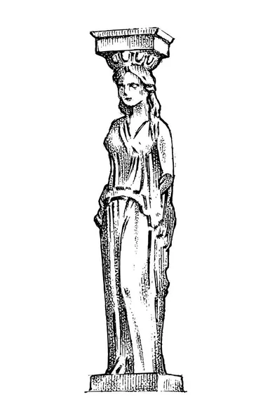 Griechische Säulenstatue in Griechenland. Frau im antiken alten Stil. Handgezeichnete gravierte Vintage-Skizze für Poster, Banner oder Website. — Stockvektor