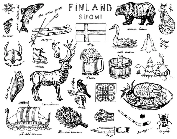 Symbole Finlandii w stylu Vintage. Doodle szkic z tradycyjnymi znakami. Kultura Skandynawska, Narodowa Rozrywka w europejskim kraju. Zwierzęta i lasy, kąpiel i flaga, zima i zimno. — Wektor stockowy