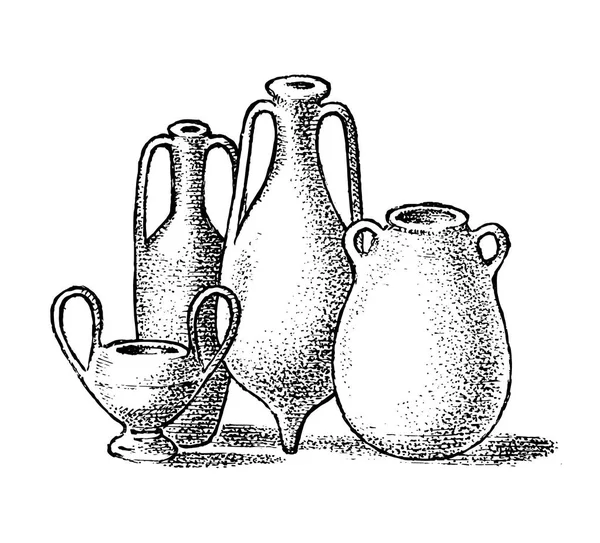 Керамика Древней Греции. Греческие глиняные горшки или вазы в старинном античном стиле. Ручной выгравированный винтажный эскиз для плаката, баннера или сайта . — стоковый вектор