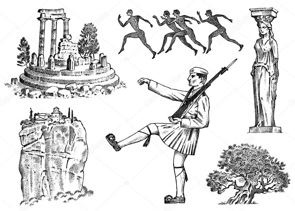 Greek culture. Set of national symbols. Ruins and rock, military and statue in a column, marathon runners and a tree. Hand drawn engraved sketch in vintage style.