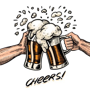 Şerefe kadeh kaldır. Elinde bira. Kaligrafik elemanlı Vintage Alkollü Etiket. Amerikan bayrağı ya da posteri. Web, pub menü için el çizilmiş oyma kroki yazı.