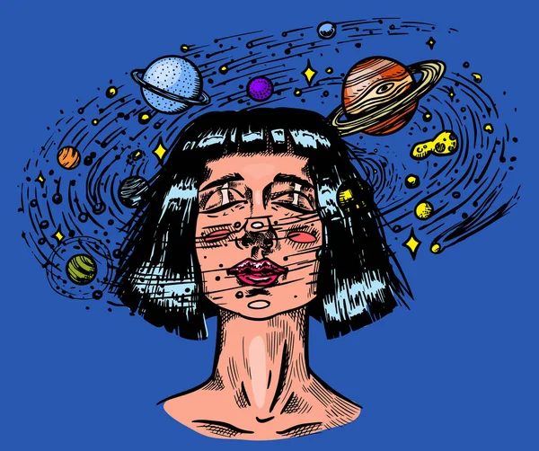 Młoda kobieta z planetami. Podwójna ekspozycja przyszła dziewczyna astronom i gwiazdy w kosmosie. Koncepcja science fiction. Ręcznie rysowane grawerowane rocznika retro szkic do tatuażu, t-shirt lub logo. — Wektor stockowy