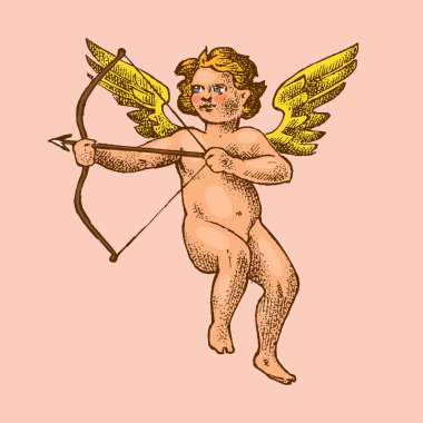 Oklar ve yay ile sevimli melek. Gökyüzünde kanatları olan küçük estetik Cupids. Monokrom oylanmış tarzı çocuklar. Dövme veya logo için şablon. El çizilmiş Vintage kroki.