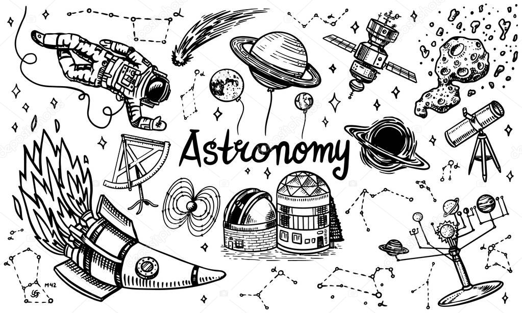 Astronomy background in vintage style. Space and cosmonaut, moon and spaceships, meteorite and stars, planets and observatory. Hand drawn in retro doodle style.