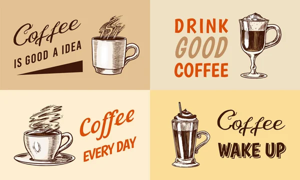 Kaffeesatz im Vintage-Stil. Cappuccino und Glace, Espresso und Latte, Mokka und American, Frappe im Glas wegnehmen. Handgezeichnete gravierte Retro-Skizze. — Stockvektor