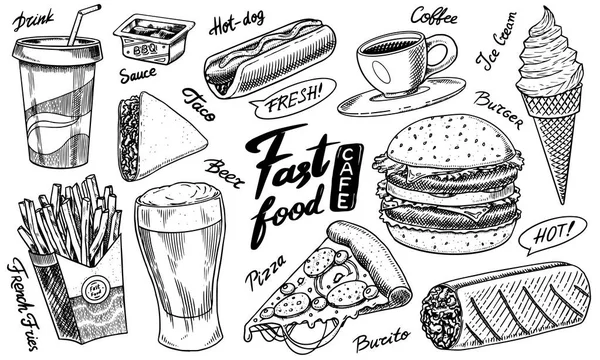 Fast food, burger and hamburger, tacos and hot dog, burrito and beer, drink and ice cream. Vintage Sketch for restaurant menu. Hand drawn in retro style. — Stock Vector