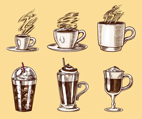 Set de tazas de café en estilo vintage. Lleve Cappuccino y Glace, espresso y latte, moca y Americano, frappe en una copa. Dibujo retro grabado a mano . — Vector de stock