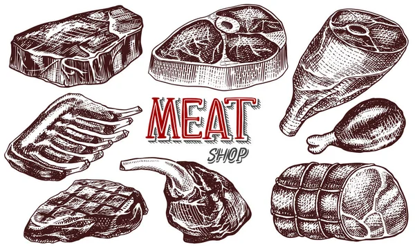 쇠고기 고기, 돼지 고기 스테이크, 닭 다리, 미트로프, 베이컨과 갈비. 빈티지 스타일의 바베큐 음식. 레스토랑 메뉴, 엠블럼 또는 배지용 템플릿입니다. 손으로 그린 스케치. — 스톡 벡터