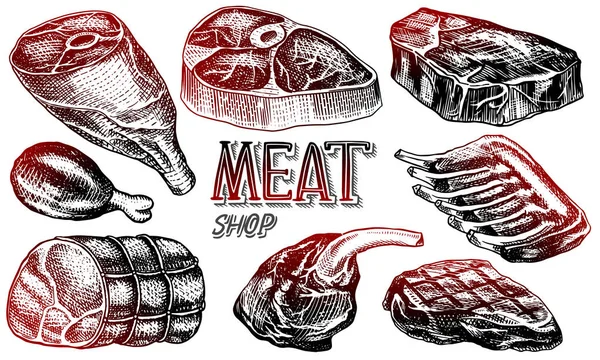 牛肉，猪肉牛排，鸡腿，肉饼，熏肉和肋骨。复古风格的烧烤食品。餐厅菜单、徽章或徽章的模板。手绘草图. — 图库矢量图片