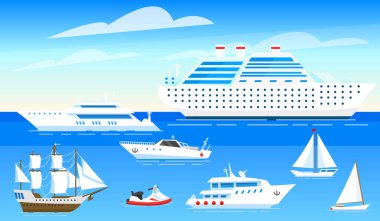 Deniz gemileri arka plan. Mavi suüzerinde yelkenli ve tekneler ayarlayın. Dünya seyahati için nakliye denizcileri. Bir web sitesi için yaz afişi veya afişi. Karikatür tarzında vektör illüstrasyon.