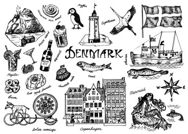 Vintage tarzında Danimarka sembolleri. Geleneksel işaretler ile Retro kroki. İskandinav kültürü, Avrupa ülkesinde ulusal eğlence. Evler, içecekler, denizkızı ve gemi, hayvanlar ve deniz canlıları.