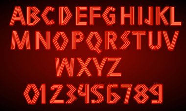 80 s kırmızı neon retro yazı tipi. Fütüristik senaryo, krom harfler. Koyu arka planda parlak baskı Alfabesi. Kulüpte gece gösterisi için Işık Sembolleri. Galaksi uzay tipleri. Ana hatlarıyla sürüm.
