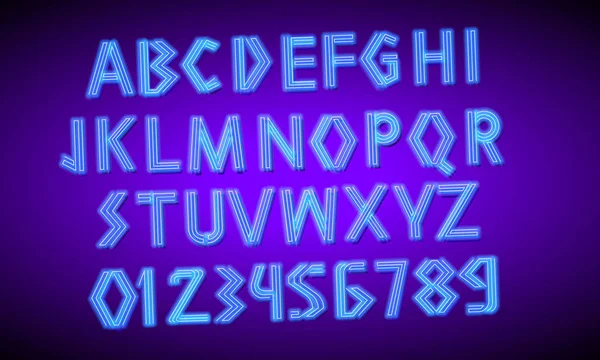 80年代蓝色霓虹灯复古字体。未来派脚本，铬字母。明亮的打印字母在黑暗的背景。俱乐部夜间表演的灯光符号。银河空间类型。大纲版本. — 图库矢量图片