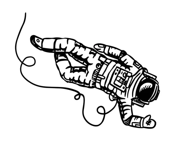 Astronauta leci w kosmosie. Spaceman bada galaktyka astronomia szkic na emblemat lub logo w stylu Vintage. Ręcznie rysowana ilustracja w stylu retro Doodle. — Wektor stockowy