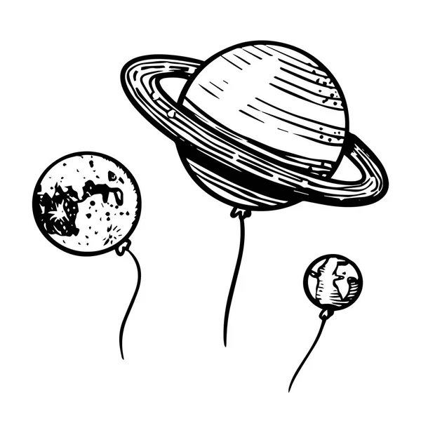 Planetas no espaço para emblema ou logotipo, Astronomia em estilo vintage. Balões desenhados à mão em estilo doodle retro . — Vetor de Stock