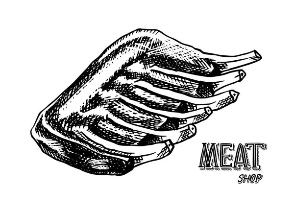 Grillezett hús, grillezett sertéshús vagy marhahús. Grillezett étel vintage stílusban. Éttermi menü, emblémák vagy jelvények sablonjai. Kézzel rajzolt vázlat. — Stock Vector