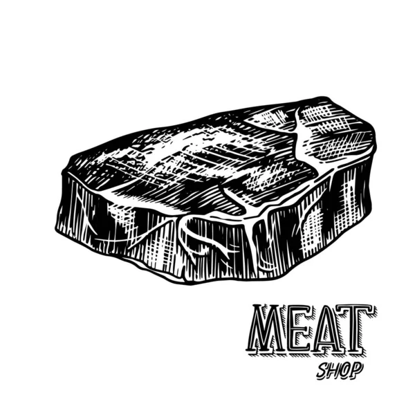 Bife de carne grelhada, carne de porco grelhada ou churrasco. Comida em estilo vintage. Modelo para menu de restaurante, emblemas ou crachás. Desenho desenhado à mão. — Vetor de Stock