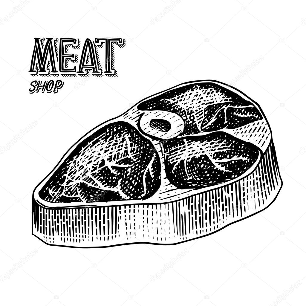 Grilled meat steak, BBQ Pork or beef Barbecue. Food in vintage style. Template for restaurant menu, emblems or badges. Hand drawn sketch.