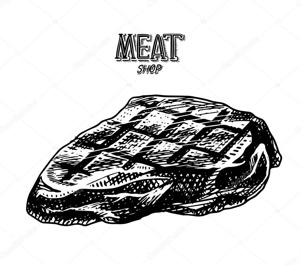 Grilled meat steak, BBQ Pork or beef Barbecue. Food in vintage style. Template for restaurant menu, emblems or badges. Hand drawn sketch.