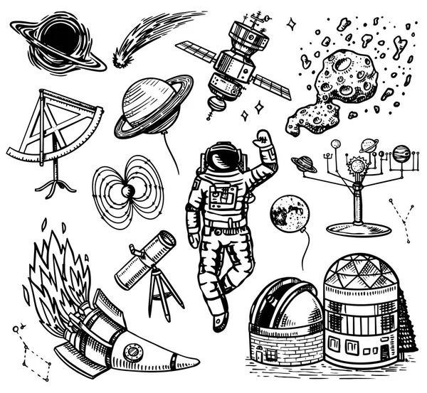 Astronomická situace ve stylu ročníku. Vesmír a kosmonaut, měsíc a kosmické lodi, meteorit a hvězdy, planety a observatoř. Ruce tažené ve stylu retro Doodle. — Stockový vektor