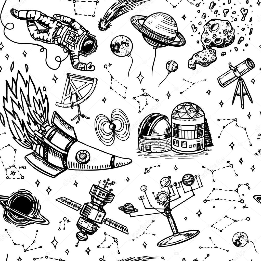 Astronomy Seamless pattern in vintage style. Space and cosmonaut, moon and spaceships, meteorite and stars, planets and observatory background. Hand drawn in retro doodle style.