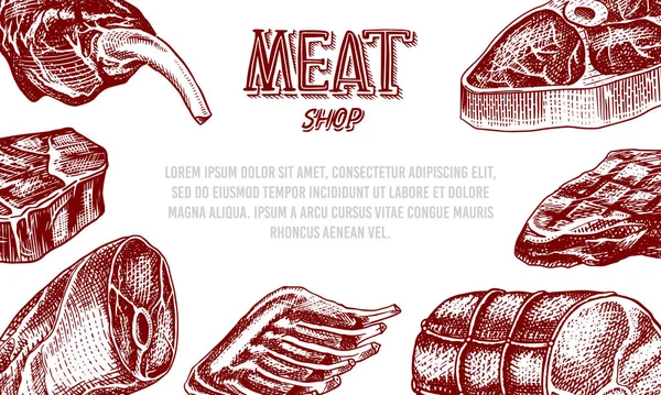 Cartel de carne a la parrilla, carne de cerdo o carne de res. Banner barbacoa barbacoa. Comida de estilo vintage. Fondo para menú de restaurante, emblemas o insignias. Bosquejo dibujado a mano . — Vector de stock