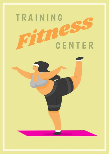 Fitness Kadın Afiş. Kulüpte sağlık sporu. Sevimli Plus Size afiş. Şişman kız egzersiz yapıyor, kilo kaybediyor, ısınıyor. Pastel arka planda tam gövde karakteri. — Stok Vektör