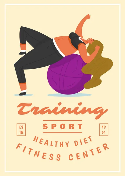 Fitness Kadın Afiş. Kulüpte sağlık sporu. Sevimli Plus Size afiş. Şişman kız egzersiz yapıyor, kilo kaybediyor, ısınıyor. Pastel arka planda tam gövde karakteri ve top. — Stok Vektör