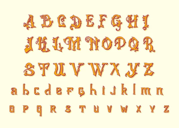 Viktorianisches Alphabet im antiken Stil. antike alte Schrift für Whiskey-Etikett. Jahrgangsschrift in Goldfarben, editierbar und überlagert. handgezeichnete Vektor moderne Buchstaben. — Stockvektor