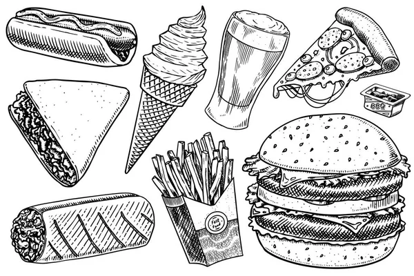 Snabbmat, hamburgare och hamburgare, tacos och varmkorv, burrito och öl, dricka och glass. Vintage skiss för Restaurangmenyn. Handritad i retrostil. — Stock vektor