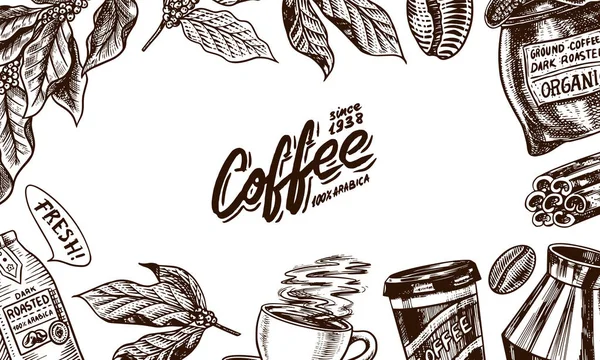 Fondo de café en estilo vintage. Cartel grabado a mano, boceto de garabato retro. Hojas y copa, bolsa e inscripción caligráfica. Banner de plantilla vectorial . — Vector de stock