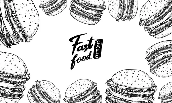 Fast food tło. Warzywa wegańskie Burger Burger szablon banner w stylu Vintage. Karta szkic menu restauracji. Ręcznie rysowane retro plakat. — Wektor stockowy