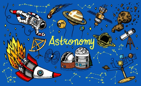 Fundo de astronomia em estilo vintage. Espaço e cosmonauta, lua e naves espaciais, meteorito e estrelas, planetas e observatório. Mão desenhada em estilo doodle retro . —  Vetores de Stock