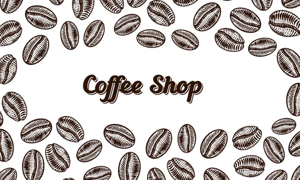 Fondo de granos de café en estilo vintage. Cartel grabado a mano, boceto de garabato retro e inscripción caligráfica. Banner de plantilla vectorial . — Vector de stock