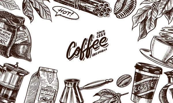 Kaffeebohnen Hintergrund im Vintage-Stil. handgezeichnetes graviertes Poster, Retro-Doodle-Skizze. Tasse und kalligrafischer Inschrift. Banner mit Vektorvorlagen. — Stockvektor